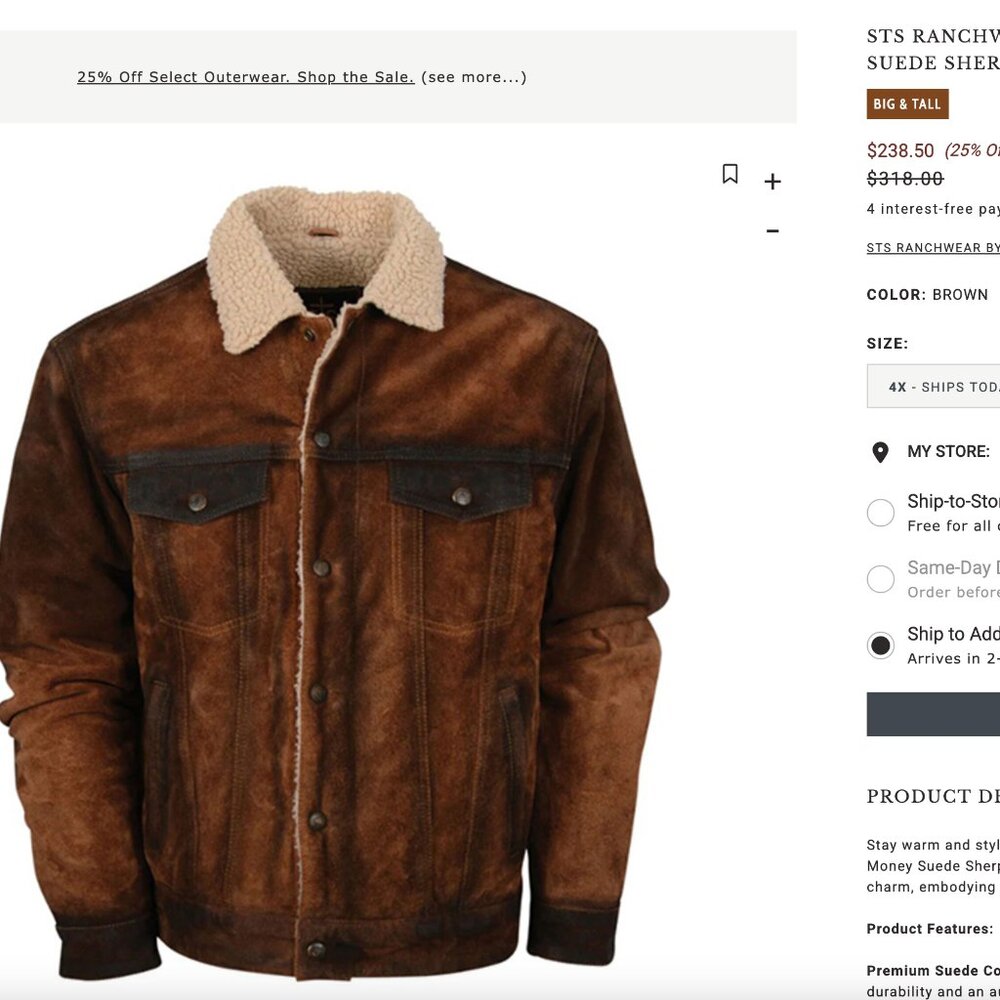 STS Ranchwear By Carroll Men's Cash Money Suede Sherpa Jacket XL